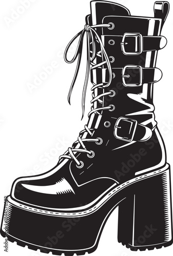 Black Leather High Heel Platform Combat Boot, Edgy Engraved Black And White vector illustration