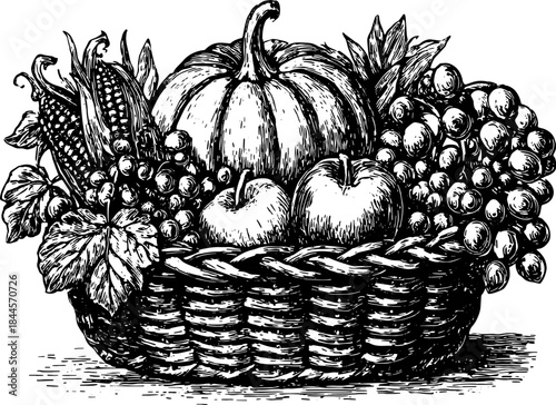Basket of fruits featuring pumpkin, apples, and grapes in a vintage outline style. This black and white vector illustration is perfect for decor.
