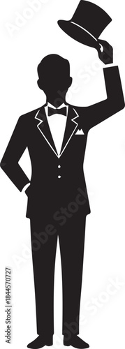 Refined gentleman in a stylized tuxedo tipping his hat, sleek and debonair black and white vector illustration