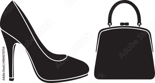 Classic high-heeled pump and vintage structured handbag, fashionable and elegant black and white vector illustration