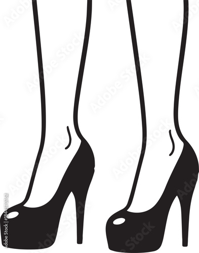 Female legs wearing classic platform high-heeled pumps, fashionable and sleek black and white vector illustration