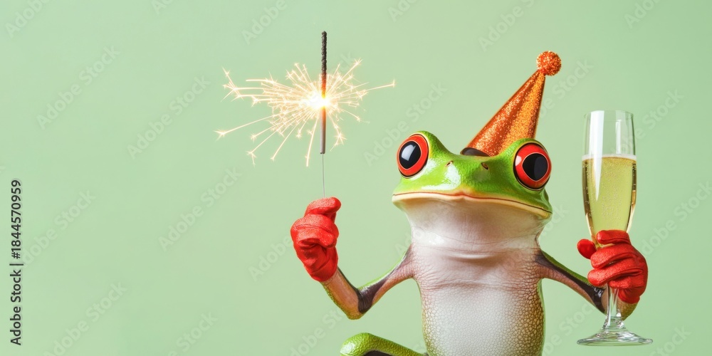 Obraz premium Happy new Year, new year's eve, new years eve, party, celebration, new year card, funny animals greeting card with text - frog with sparkler, champagne glass and party hat, isolated green background