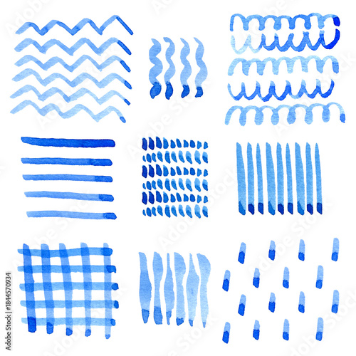 A hand-drawn watercolor blue ornaments collection. Blue and white hand drawn with brush elements design use as print, decoration, postcard, element design, textile, package, fabric.