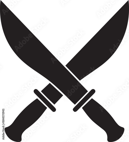 Two large knives or machetes crossed, aggressive and symbolic black and white vector illustration