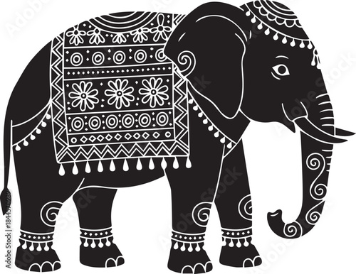 Indian Elephant with ornate ceremonial blanket, majestic black and white vector illustration