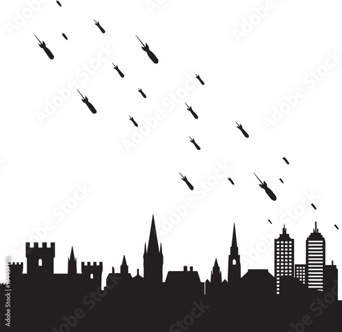 Historic and modern city skyline under aerial bombardment, dramatic black and white vector illustration