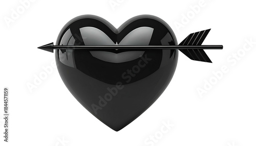 Glossy black heart pierced by an arrow, set against a black background