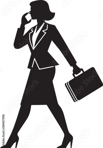 Business Woman Walking and Talking to Phone, Professional black and white vector illustration