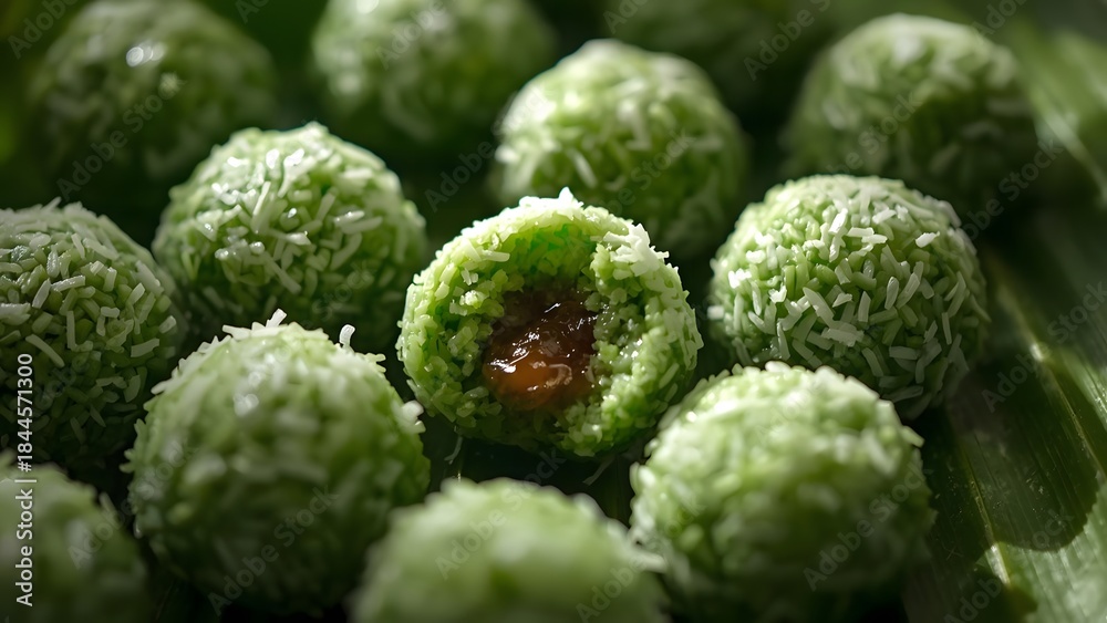 Fototapeta premium Close-up on delightful Klepon treats adorned with grated coconut and filled