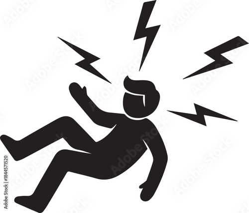 Stick figure receiving an electric shock, dramatic black and white vector illustration