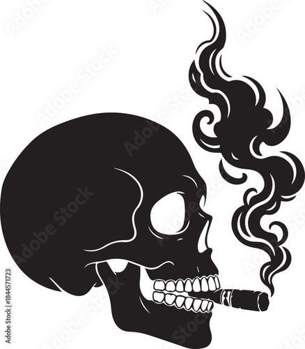 Stylized human skull smoking a cigar, ominous black and white vector illustration