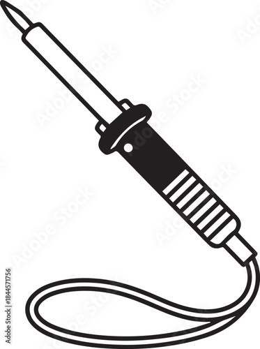 Electronic soldering iron with a coiled cord, technical black and white vector illustration
