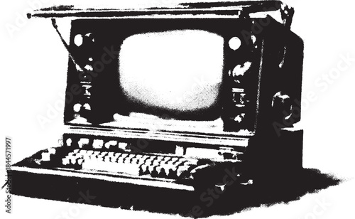 Vintage computer with a monitor and keyboard. Black and white vector illustration showcasing classic tech in a simple flat style.