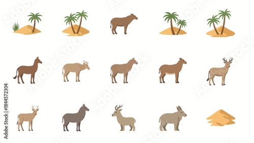 Collection of cartoon animals and desert landscapes with palm trees