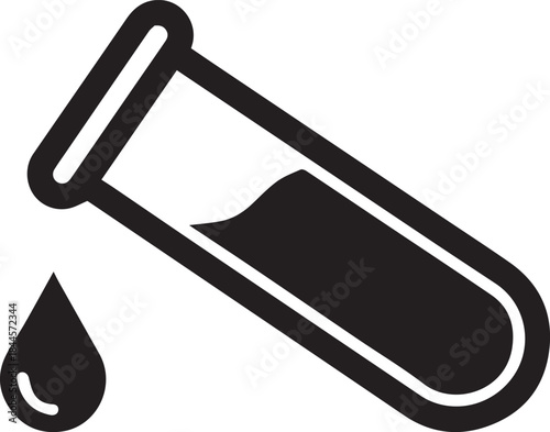 Test tube with liquid drop, scientific black and white vector illustration