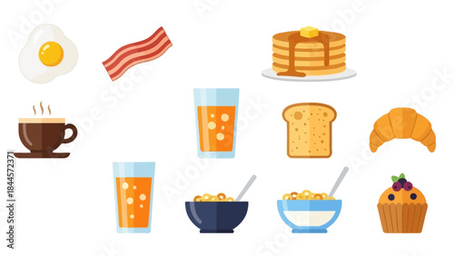 Collection of delicious breakfast food items and drinks illustrated on a white background