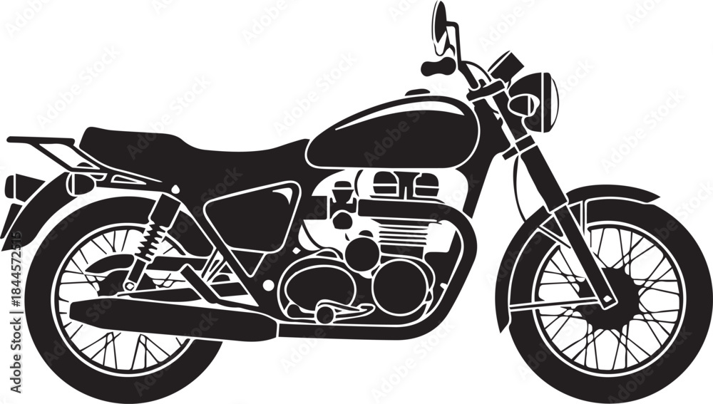 Fototapeta premium Detailed classic motorcycle with exposed engine, mechanical black and white vector illustration