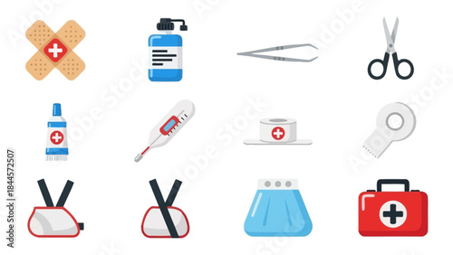 Collection of essential medical and first aid supplies icons for healthcare and emergency
