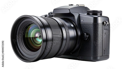 A modern, black DSLR camera with a prominent lens, set against a transparent background