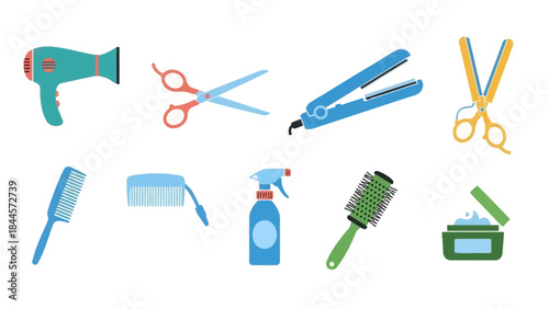 Collection of professional hairdressing tools and styling products for hair care