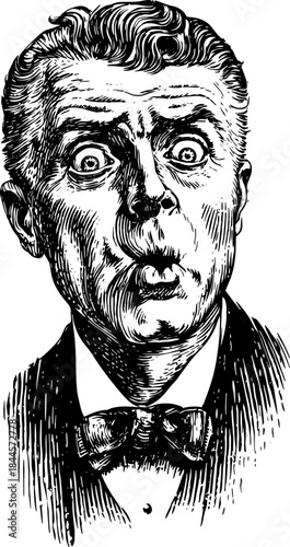 Shocked man's face vector illustration in vintage style. Black and white engraving depicts a surprised male with a bowtie. Detailed graphic art set.