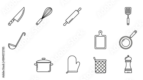 Collection of Simple Line Art Kitchen Utensils and Cooking Tools for Food Preparation