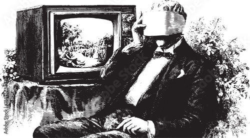 Vintage illustration of a man viewing a television screen. The black and white vector artwork depicts classic entertainment in a retro set.