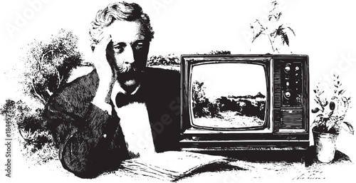 Man with vintage TV. Black and white vector illustration shows a thoughtful figure in a cozy indoor setting with a plant, creating a nostalgic scene.