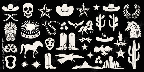 A collection of vintage western and native american themed graphic elements