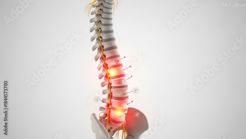 A medical illustration of a human spine with a highlighted painful lower back area