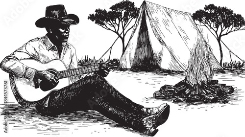 Man playing guitar by a campfire. Black and white vector illustration showing a serene outdoor camping scene with a tent and trees.