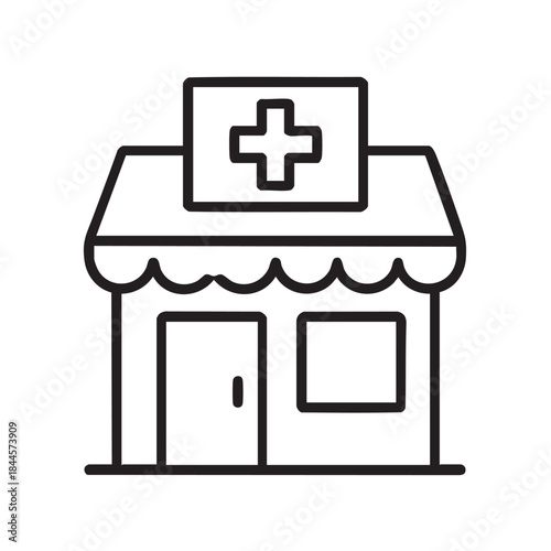 Simple line drawing of a hospital or clinic building with a prominent cross symbol on the roof