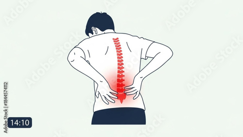 Man with back pain holding his lower back with highlighted spine