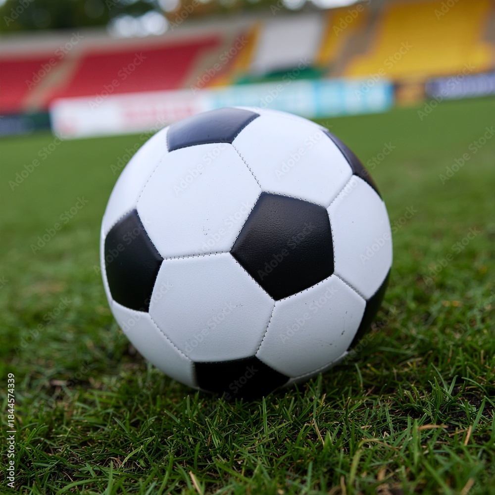 Fototapeta premium Soccer ball on grass field with stadium background