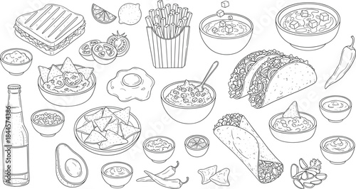 Hand Drawn Mexican Food Collection with Tacos Nachos Burritos and Salsas in Detailed Line Art Vector Illustration