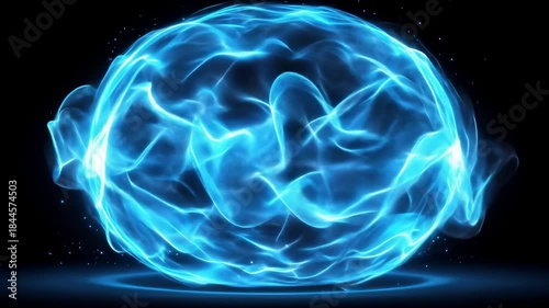 Blue energy orb with flowing lines and sparkles against a black background