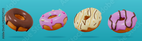 3d donut. Food doughnut icon, realistic flying glossy chocolate sprinkles or cream bakery dessert. Pink glaze and vanilla with icing and jam. Cute plastic vector render isolated elements