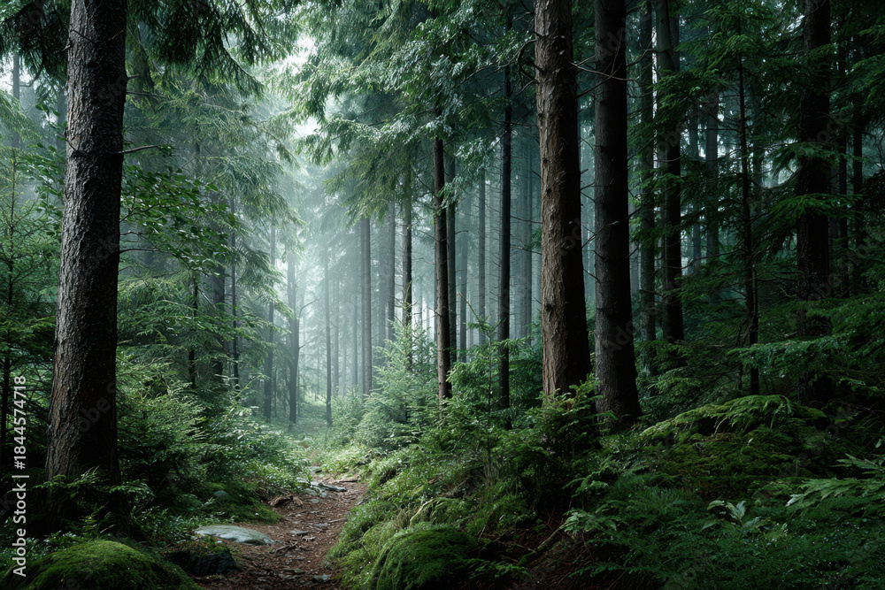 Fototapeta premium Lush forest path in early morning light with mist and tall trees in a tranquil landscape