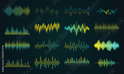 Sound wave. Music equalizer. Audio soundwave line or frequency radio bar. Volume beat pattern. Rhythm waveform. Gradient sound impulse. Vibration chart. Vector stereo recorder logo set