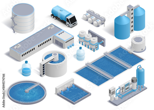 Water tank system. Plant treatment storage process. 3D clean pump. Sewage pipe. Purification reservoir. Architecture exterior. Filter station equipment. Vector factory constructions set