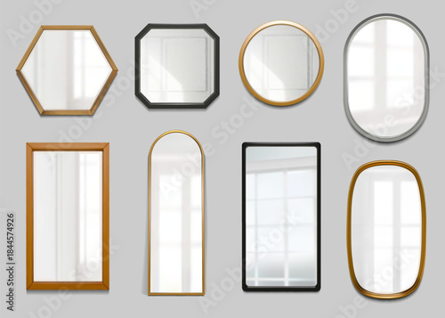 Fototapeta Naklejka Na Ścianę i Meble -  Mirror reflect. Bathroom wall silver frame, glass effect in oval and rectangular shape. Hanging in bedroom modern interior, 3d house light. Vector decor, gold, wood and black framework set
