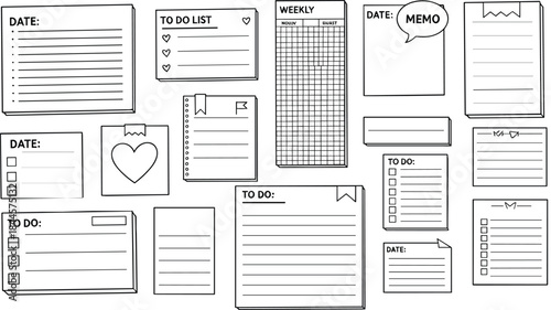 Hand Drawn Planner and To Do List Set with Notes Memos and Weekly Pages in Line Art Vector Illustration