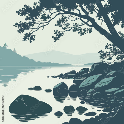 Serene lakeside landscape with a large silhouetted tree overlooking calm water and rocky shore with distant hills under a hazy sky