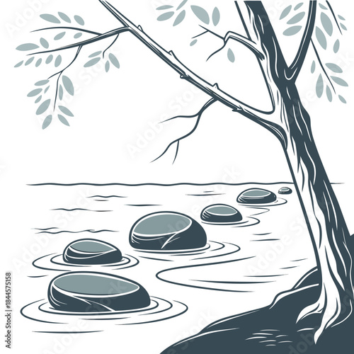 A serene minimalist illustration of stepping stones leading across calm water under a stylized tree with sparse leaves evoking tranquility and nature