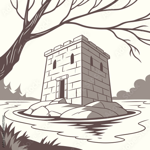 A solitary stone tower stands on a rocky island surrounded by calm water with a large bare tree branch overhead and distant trees and clouds in the background