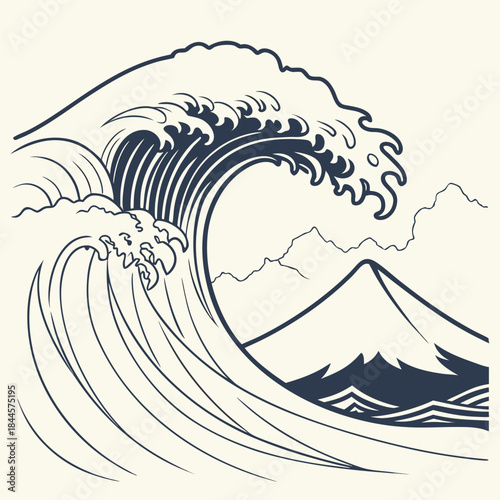 Iconic japanese great wave illustration with mount fuji in the background a classic ukiyo e style depiction of a powerful ocean surge