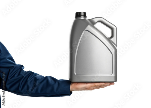 hand holding Engine oil (Gallon) isolated on a transparent background.