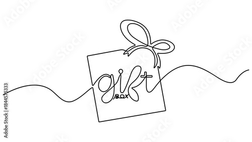 A charming and modern single continuous line art illustration of a gift box tied with a bow, evoking feelings of happiness, generosity, and special occasions. Minimalist style gift box illustration