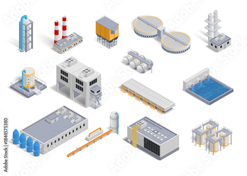 Isometric factory buildings. Manufacturing plant. Gas and water container. Electricity generation station. Warehouse and derrick. Equipment manufacture. Vector construction 3d elements set
