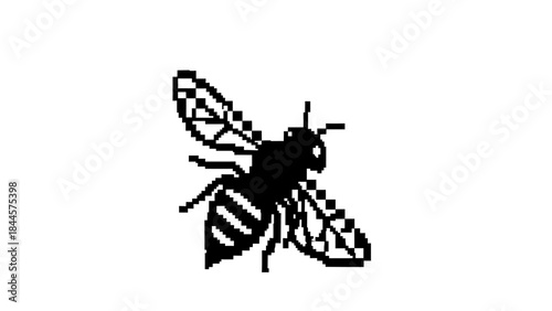 A simple black and white illustration of a bee in flight, depicting its striped body and delicate wings